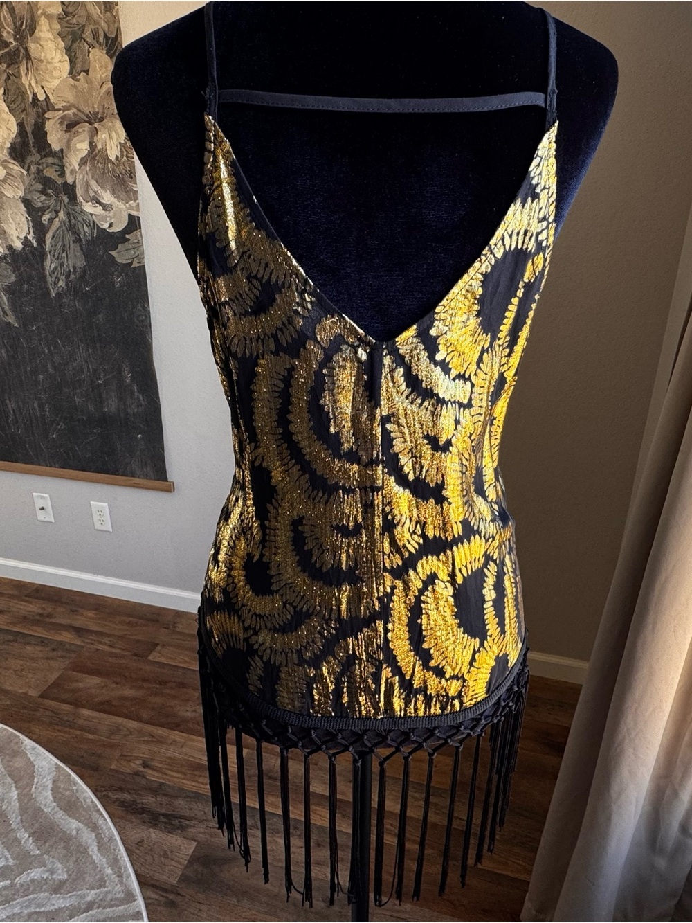 Astr Metallic Gold & Black Fringe Tank Top - Picture 2 of 3